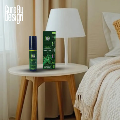 Cure By Design product on a nightstand with a lamp and bed in the background