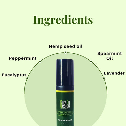 Therapeutic Healing Roll-on - Migraine body oil with labelled ingredients on a green background