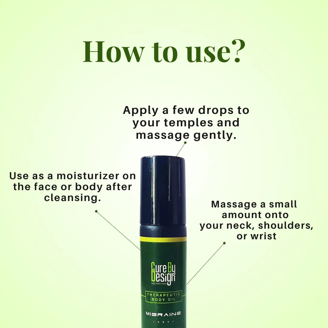 Therapeutic Healing Roll-on - Migraine, Green bottle with usage instructions on a light green background