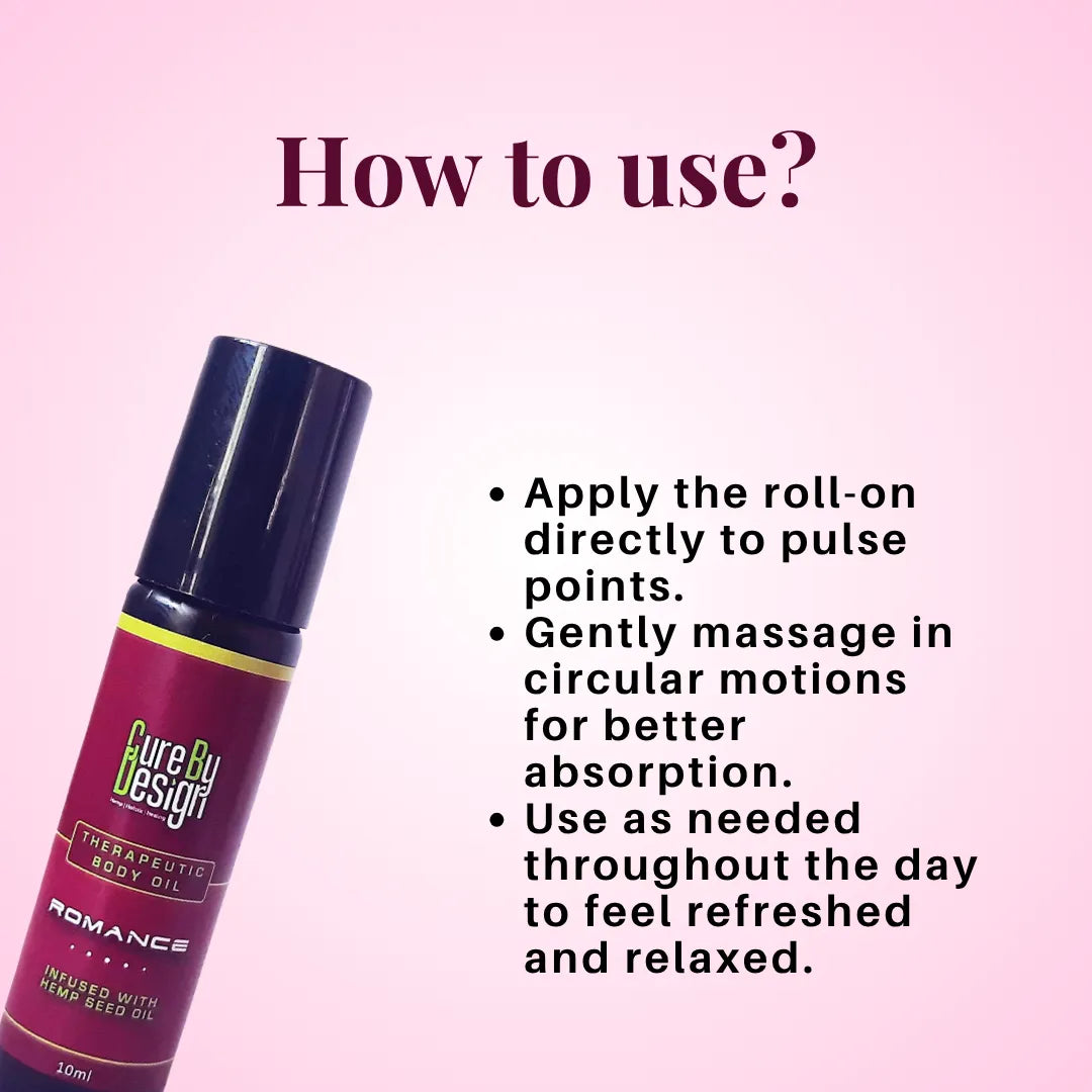 Therapeutic Healing Roll-on - Romance, bottle with usage instructions on a pink background