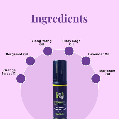 Cure by Design Therapeutic Healing Roll-on - Sleep Assisting body oil bottle with listed ingredients on a purple background