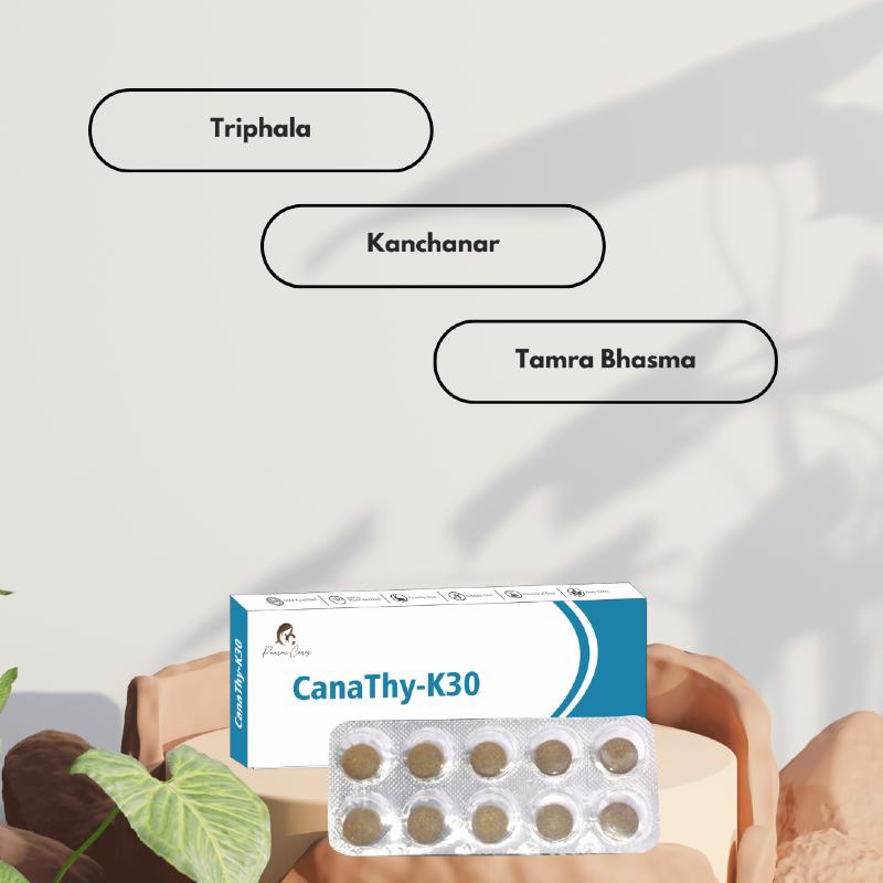Paarmi Cares CanaThy-K30 product with a blister pack of tablets, with text bubbles reading Triphala, Kanchanar, and Tamra Bhasma.