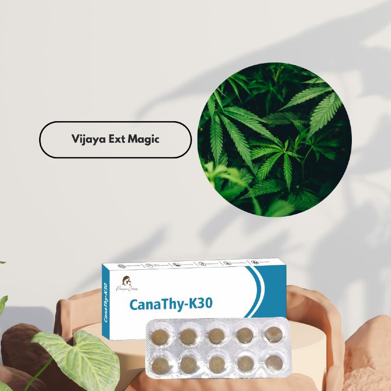"CanaThy-K30 product by Paarmi Cares with blister pack of twelve tablets and an inset image of cannabis leaves. Text: Vijaya Ext Magic."