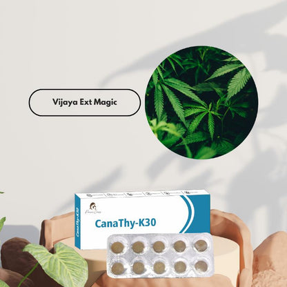 "CanaThy-K30 product by Paarmi Cares with blister pack of twelve tablets and an inset image of cannabis leaves. Text: Vijaya Ext Magic."