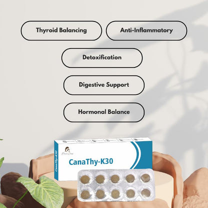 Paarmi Cares CanaThy-K30 box and blister pack. Text: Thyroid Balancing, Anti-Inflammatory, Detoxification, Digestive Support.