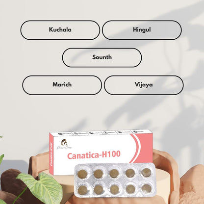 Box of Canatica-H100 tablets with a blister pack of brown tablets, surrounded by labels "Kuchala," "Hingul," "Sounth," "Marich," "Vijaya," green leaves, and a beige rock.