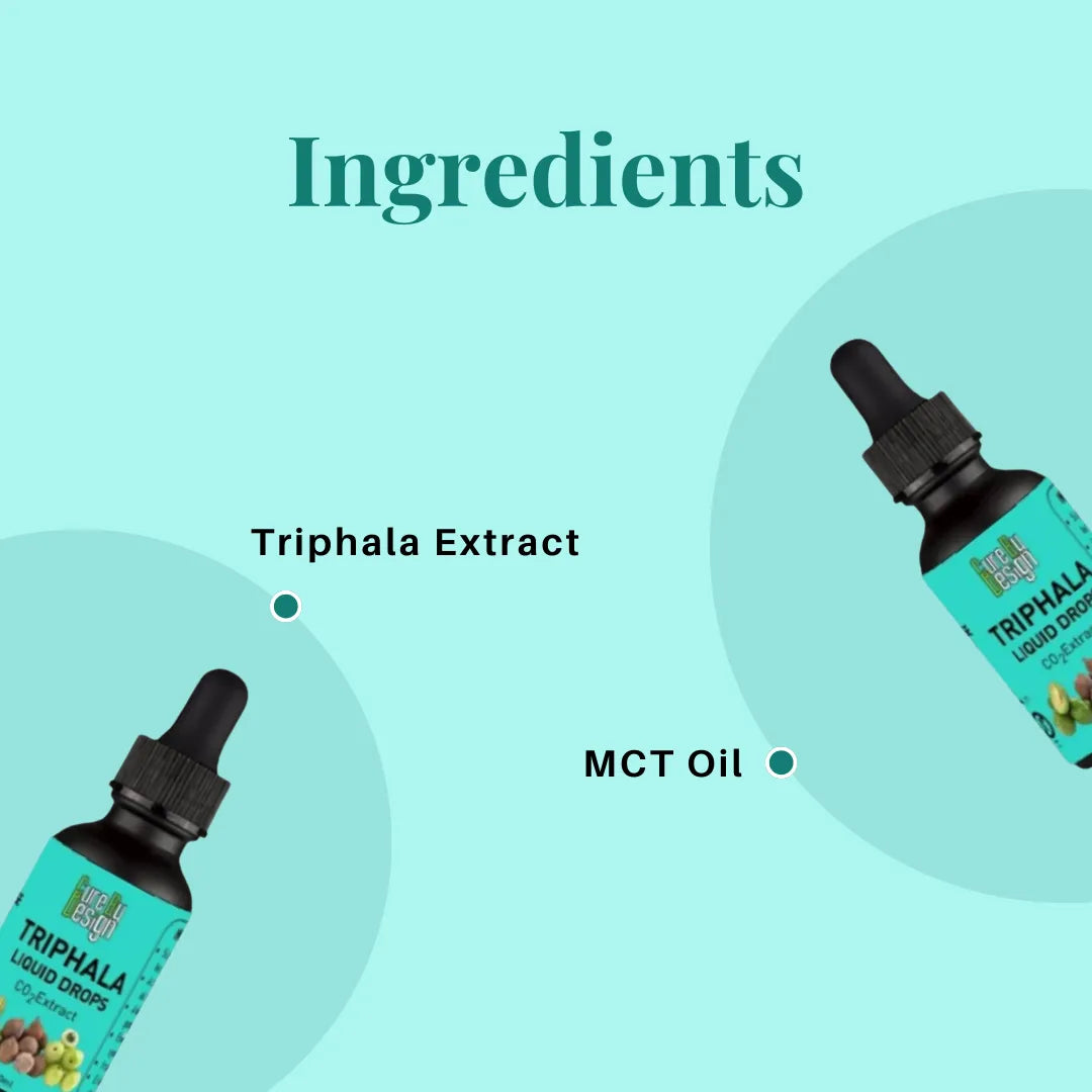 Bottles of Cure By Design Triphala Liquid Drops with Triphala Extract and MCT Oil on a light blue background.