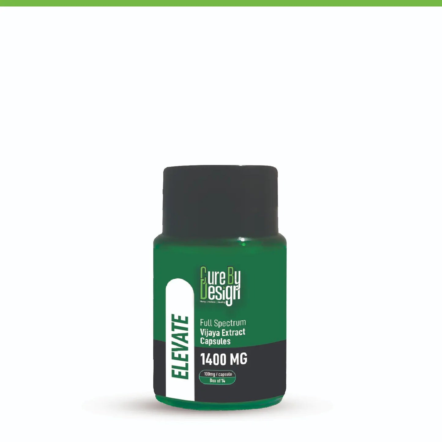 Cure By Design: Elevate - Full Spectrum Vijaya Extract Capsules supplement bottle with black cap on a white background