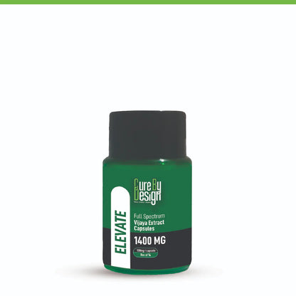 Cure By Design: Elevate - Full Spectrum Vijaya Extract Capsules supplement bottle with black cap on a white background