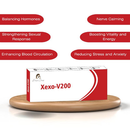 Product box labeled "Xexo-V200" from Paarmi Cares on a wooden platform, surrounded by benefits like "Balancing Hormones" and "Boosting Vitality and Energy."