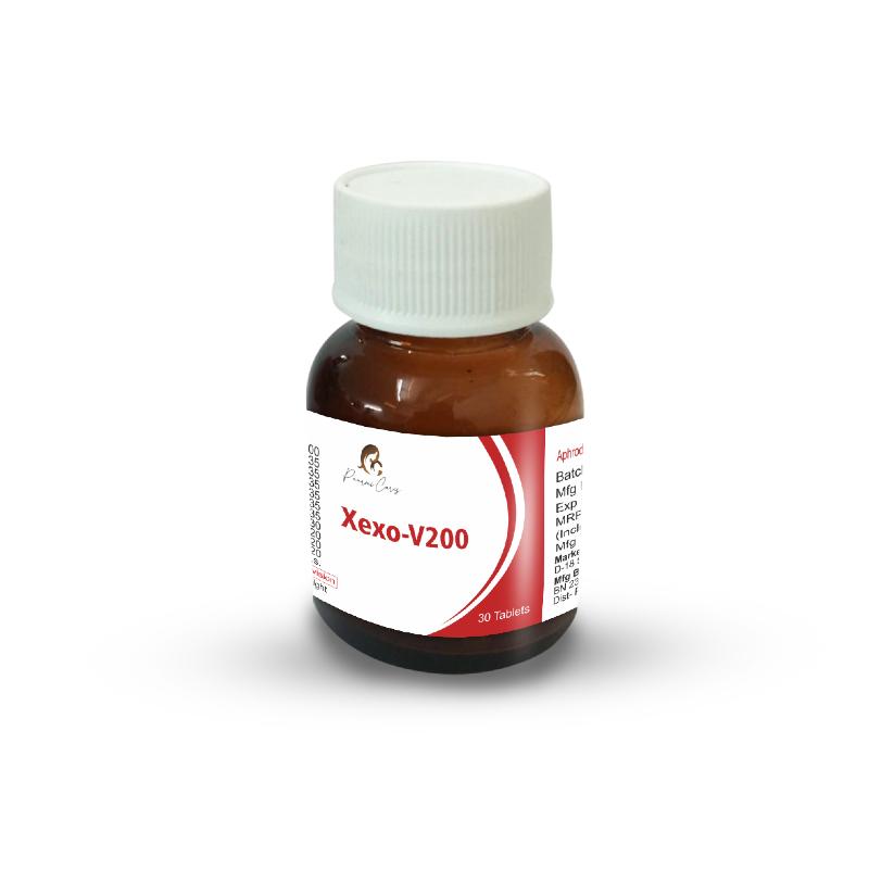 Brown plastic bottle with white cap, labeled "Paarmi Cares Xexo-V200."