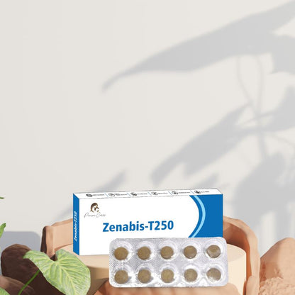 Zenabis-T250 medication box with a blister pack of ten round tablets, produced by Paarmi Cares.