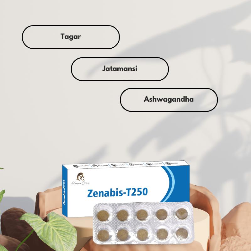 Box and blister pack of Zenabis-T250 tablets from Paarmi Cares with text "Tagar," "Jatamansi," and "Ashwagandha."