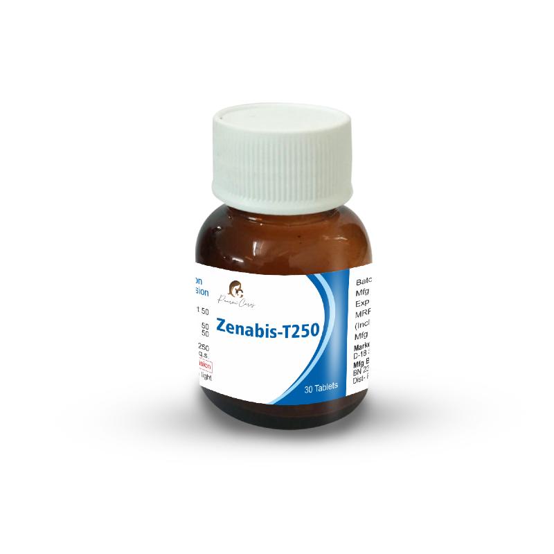 Small brown bottle with a white cap and label, reading "Zenabis-T250" from Paarmi Cares.