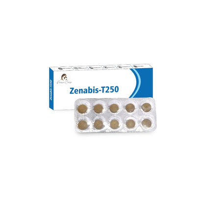 Blister pack of ten brown tablets in front of a white and blue box labeled "Zenabis-T250" from the brand "Paarmi Cares."