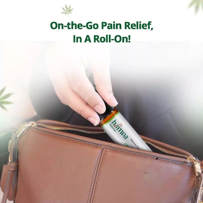 Hemp Roll-on bottle being placed into a brown leather bag with 'hanna' branding.