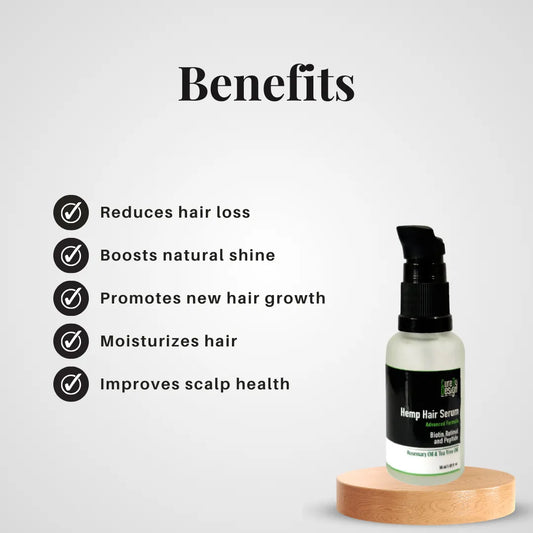 Hemp hair serum bottle with benefits listed on a light gray background