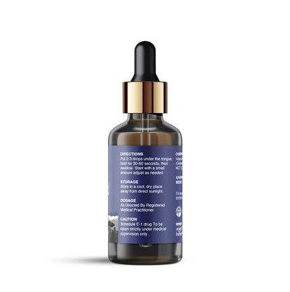 A bottle of hebe wellness CBD Oil with a dropper cap and blue label.

