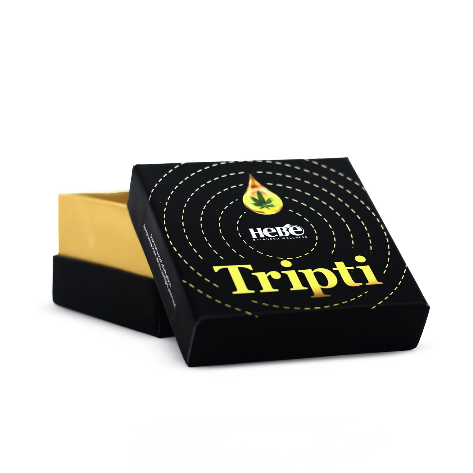 Black box with "Hebe Balance Wellness" logo, cannabis leaf drop, and "Tripti" text.

