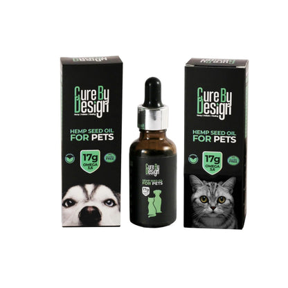 Cure By Design Hemp Seed Oil for Pets with a dropper bottle and packaging on a white background