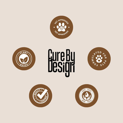 Collection of logos and badges with 'Cure By Design' text on a beige background