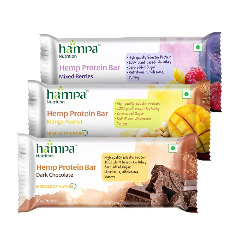 Three packages of Hampa Hemp Protein Bars on a white background