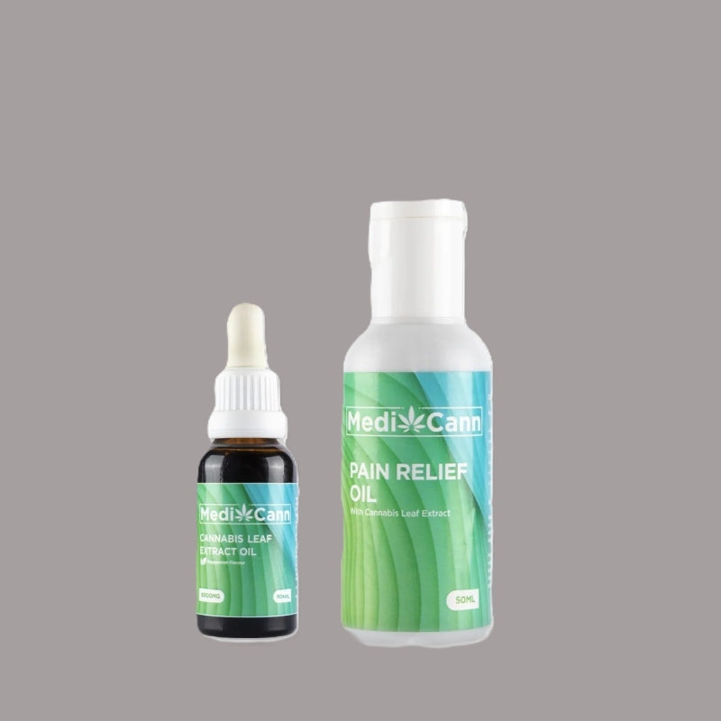 Two bottles of MediCam Pain Relief Oil on a gray background