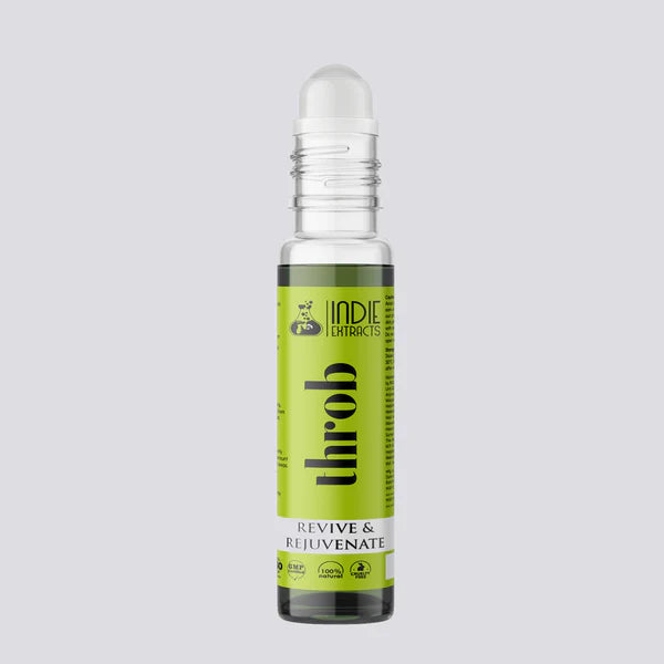 Roll-on bottle with green label on a light gray background