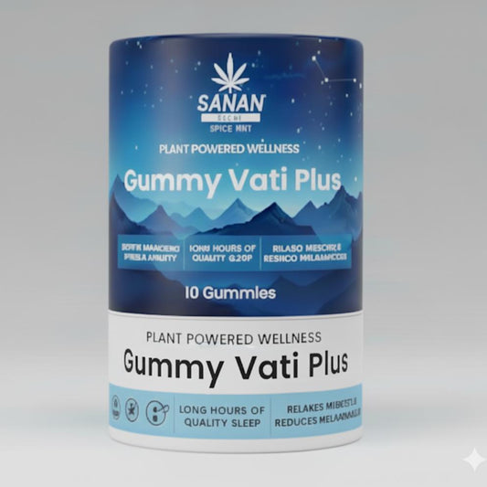 Container of Gummy Vati Plus with Sanan branding on a white background