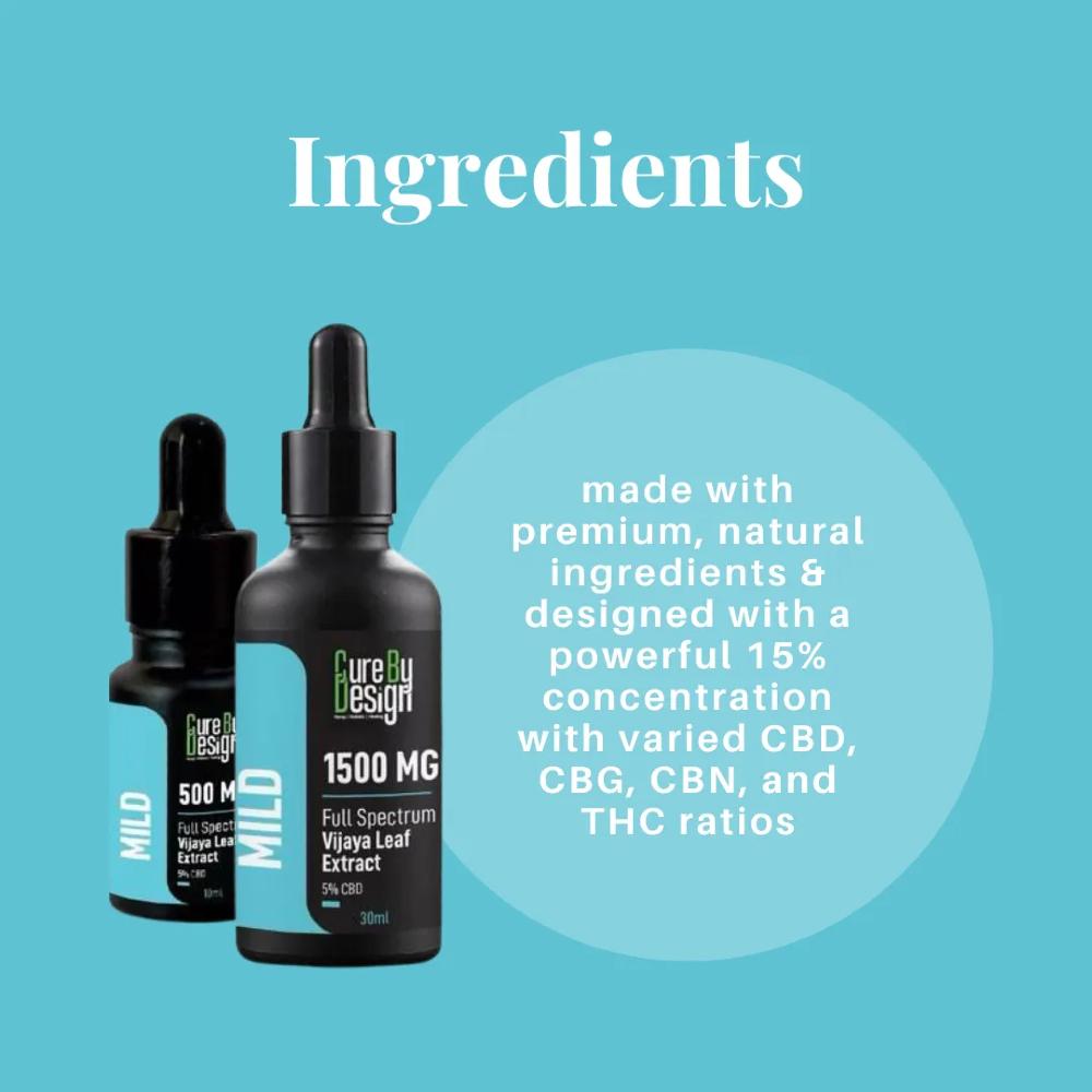 Two Cure By Design black bottles with droppers on a blue background, featuring text about ingredients and concentrations.
